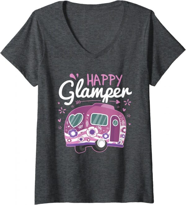 Womens Happy Glamper Caravan Camping Glamping Gear V-neck T-shirt